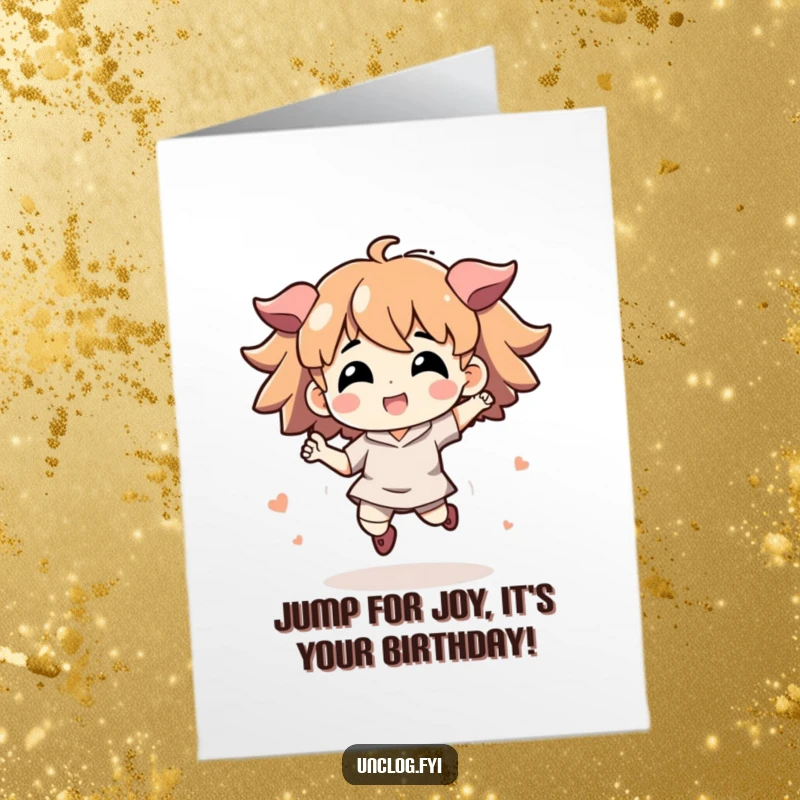 Free Printable Birthday Card: Energetic character leaping, symbolizing solving a problem with birthday cheer.