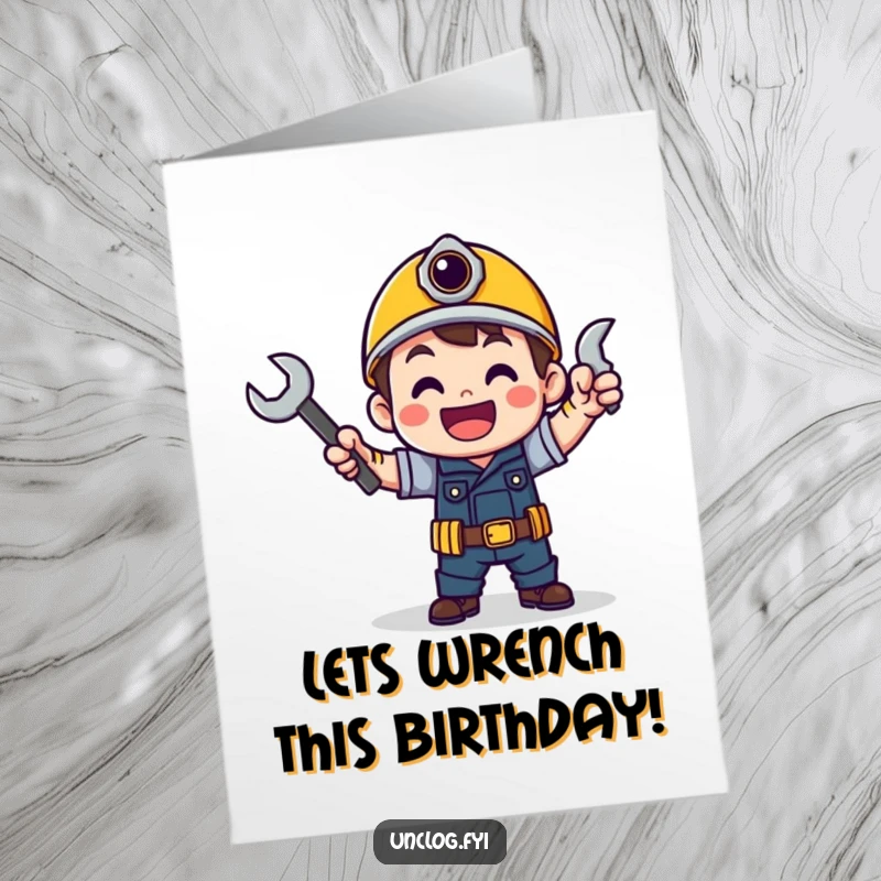 Funny Free Printable Birthday Card: A cheerful character does a happy victory dance, triumphantly holding a wrench aloft.