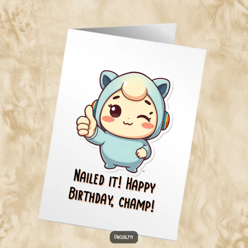 Funny Free Printable Birthday Card: Cute character with a big thumbs up, smiling after a successful fix, ready for celebrations.
