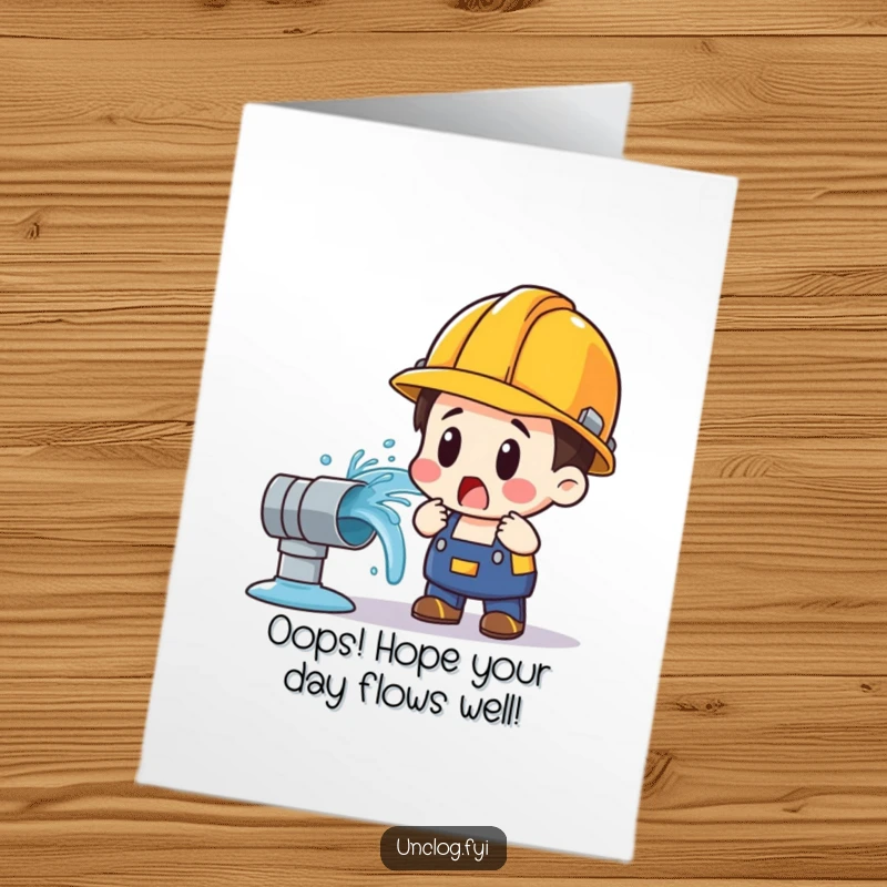 Funny free printable birthday card featuring a shocked character with a gushing water pipe, perfect for a plumbing disaster joke.