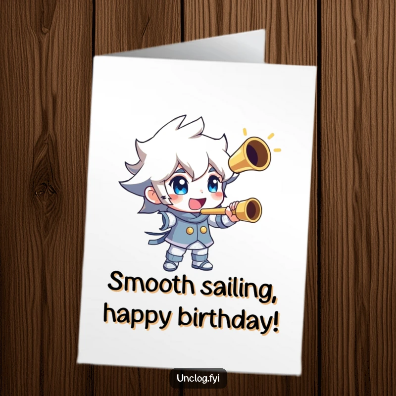 Free Printable Birthday Card: Character triumphantly holding a shiny, unclogged pipe, a symbol of success, downloadable.