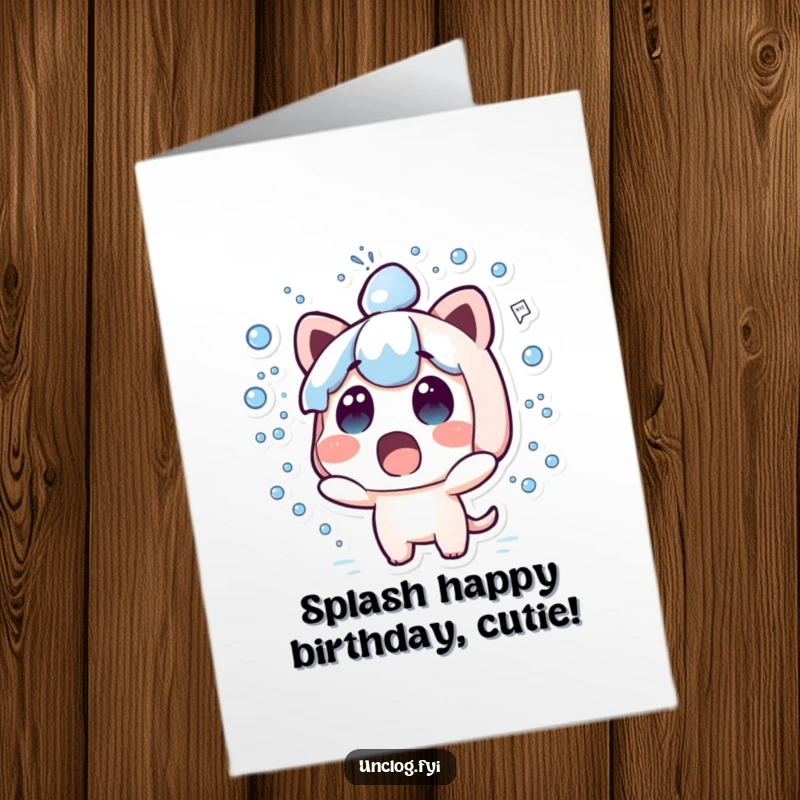 Funny free printable birthday card featuring a cute kawaii character with a surprised expression amidst a huge water spray.