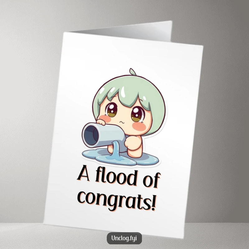 Funny Free Printable Congratulations Card: a character with wide eyes fixated on a leaky pipe, conveying surprise and humor. A downloadable shock.