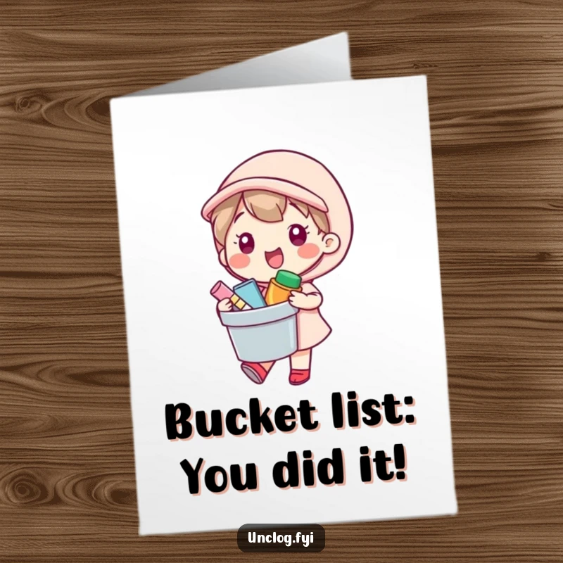Funny Free Printable Kawaii Helper Congrats Card, character carrying bucket of supplies, celebrating achievement, DIY gift.