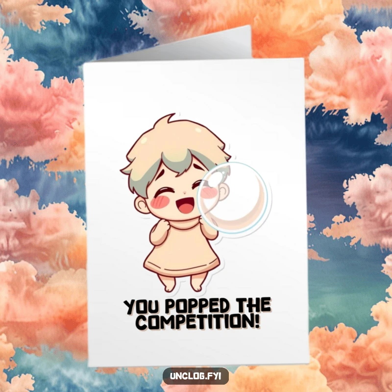 Funny Free Printable Congratulations Card: Character smiling, blowing a large, triumphant bubble, celebrating a successful milestone, downloadable art.