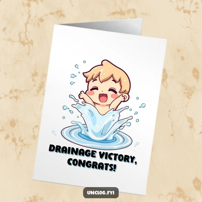 Funny Free Printable Congratulations Card: Character splashing water from a cleared drain, signifying triumph. Hilarious downloadable.
