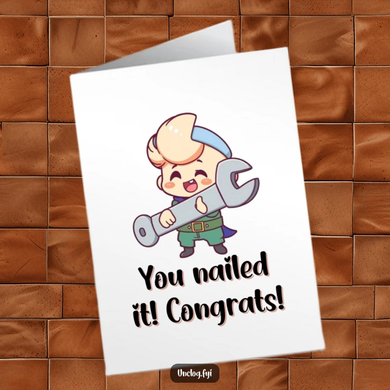 Funny free printable congratulations card of a character tightening a huge bolt, symbolizing achievement and DIY spirit.