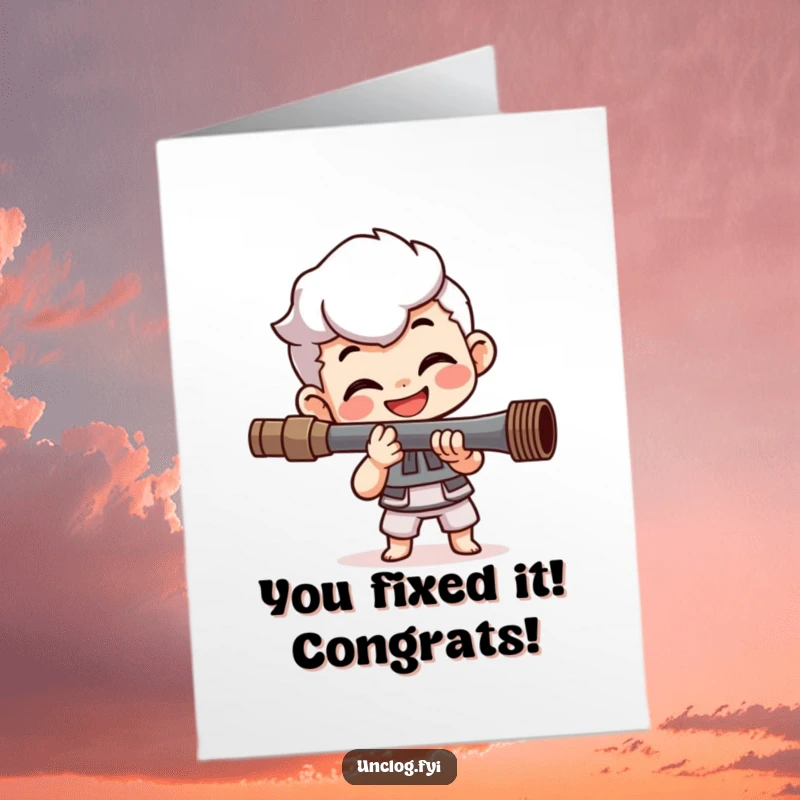 Funny Free Printable Congrats Card: Cheerful plumber character expertly tightening a pipe with happy determination, celebrating success.