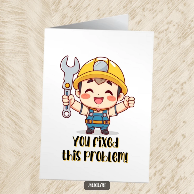 Funny Free Printable Congratulations Card: Cute character beaming with pride while holding a shiny wrench.