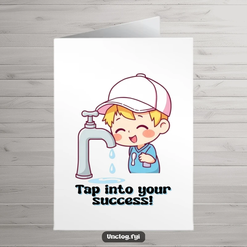 Funny Free Printable Congrats Card: Character wearing a cap, cheerfully inspecting a dripping faucet, celebrating a resolved issue.