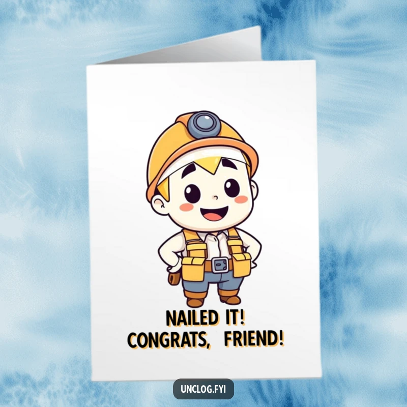 Funny Free Printable Congrats Card DIY: Cheerful plumber with tools, celebrating success, downloadable gift.