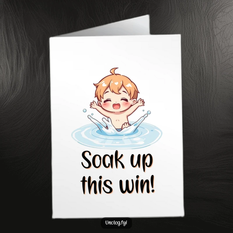 Funny Free Printable Congrats Card: Character gleefully splashing in a puddle, showing exciting celebration.