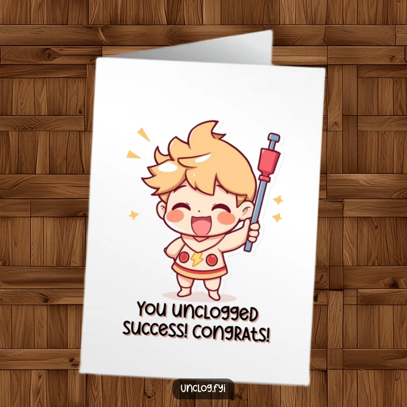 Funny Free Printable Congrats Card: Character joyfully using a plunger with a triumphant look, celebrating a major win.