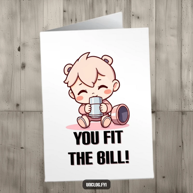 Funny Free Printable Congratulations Card of a character happily clutching a gleaming pipe fitting, celebrating a win.