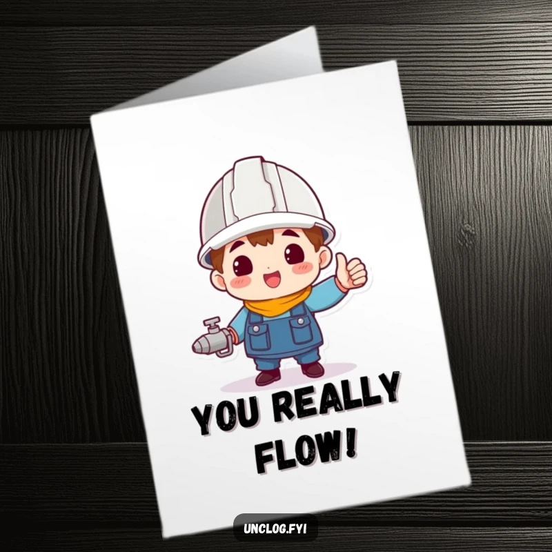 Funny Free Printable Congrats Card: A character wearing a hard hat triumphantly holds a spigot, marking a successful project.