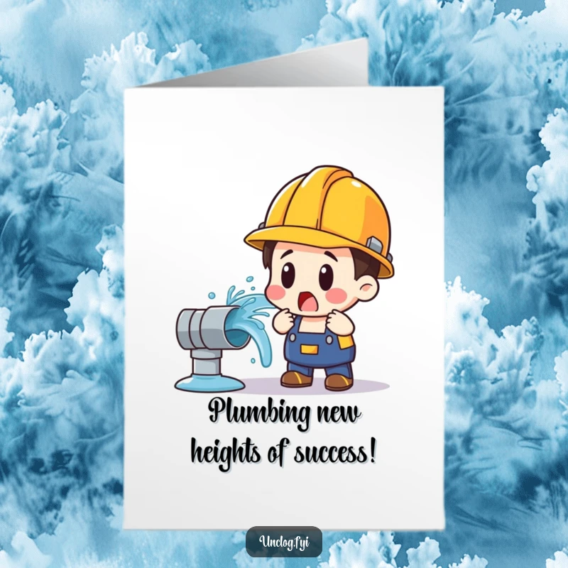 Funny free printable congratulations card showing a surprised character facing a sudden gushing water pipe, ideal for unexpected success.