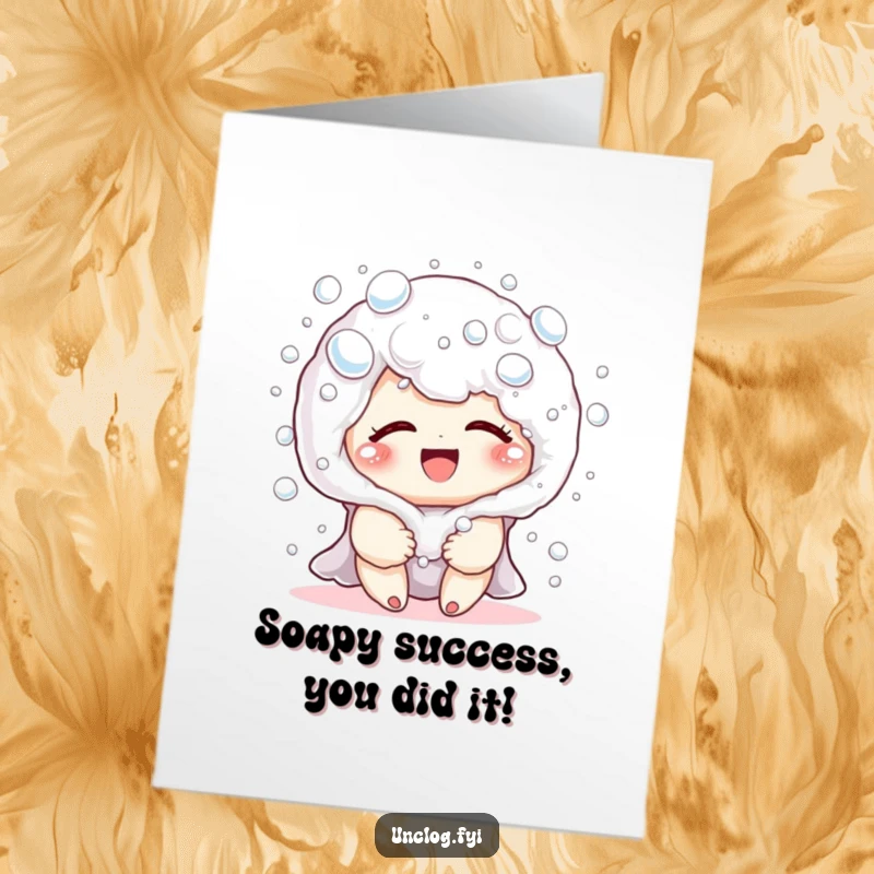 Free Printable Congratulations Card showcasing a happy character immersed in delightful soapy bubbles, perfect for festive moments.