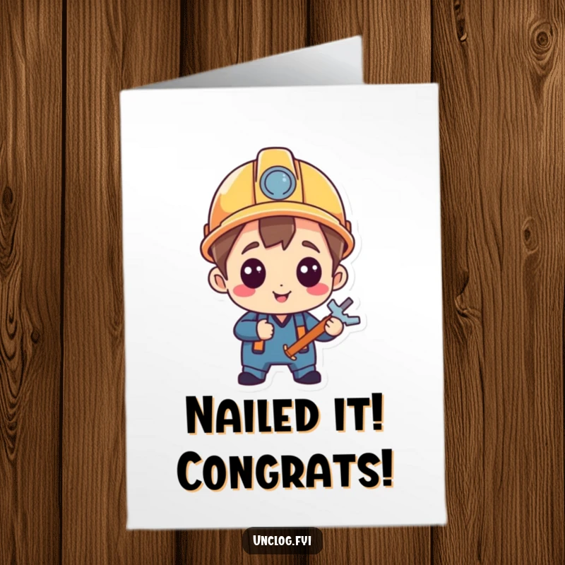 Funny Free Printable Congratulations Card: Character wearing a hard hat, smiling proudly at a completed repair, celebrating success, downloadable art.