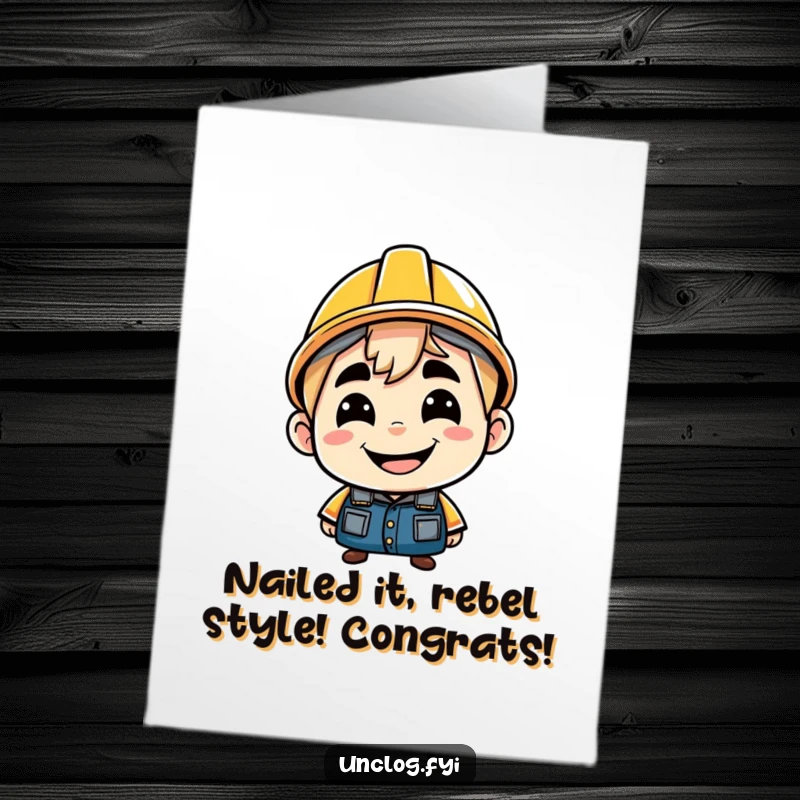 Free Printable Congratulations Card: Character with a cheeky grin, wearing a hard hat backwards, celebrating a bold achievement, downloadable.