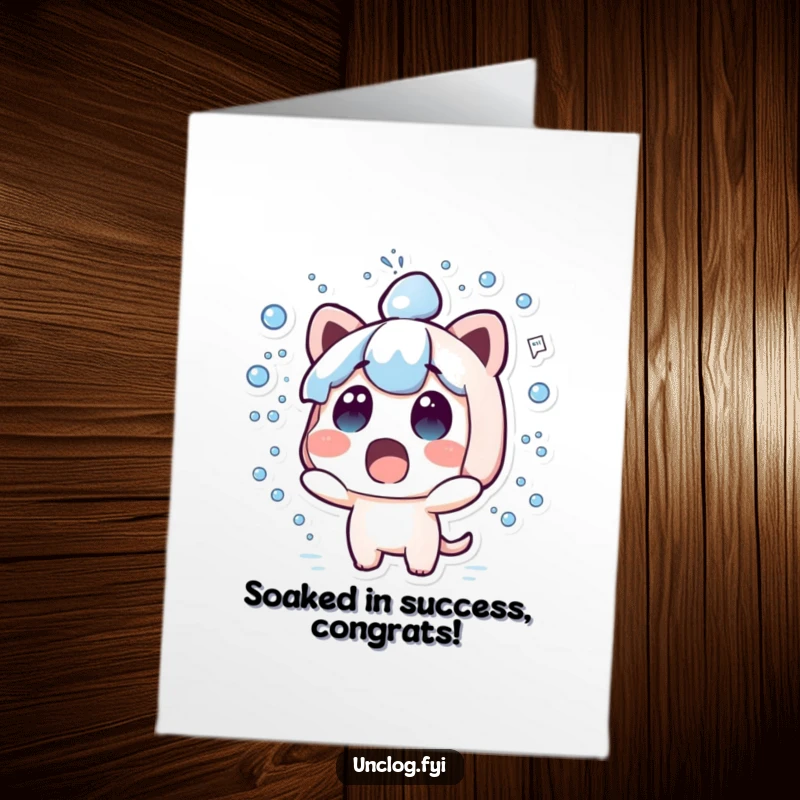 Funny free printable congratulations card showing a surprised kawaii character in a massive spray of water.