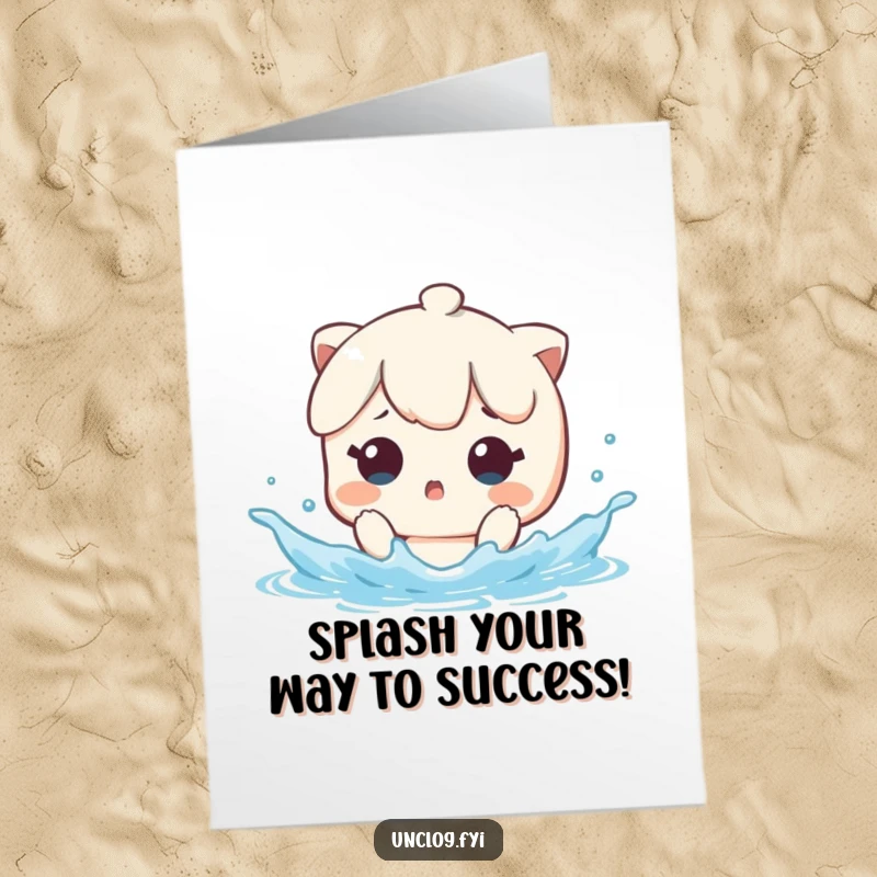 Funny Free Printable Kawaii Congrats Splash Card, character surprised by water splash, playful congratulations, DIY gift.