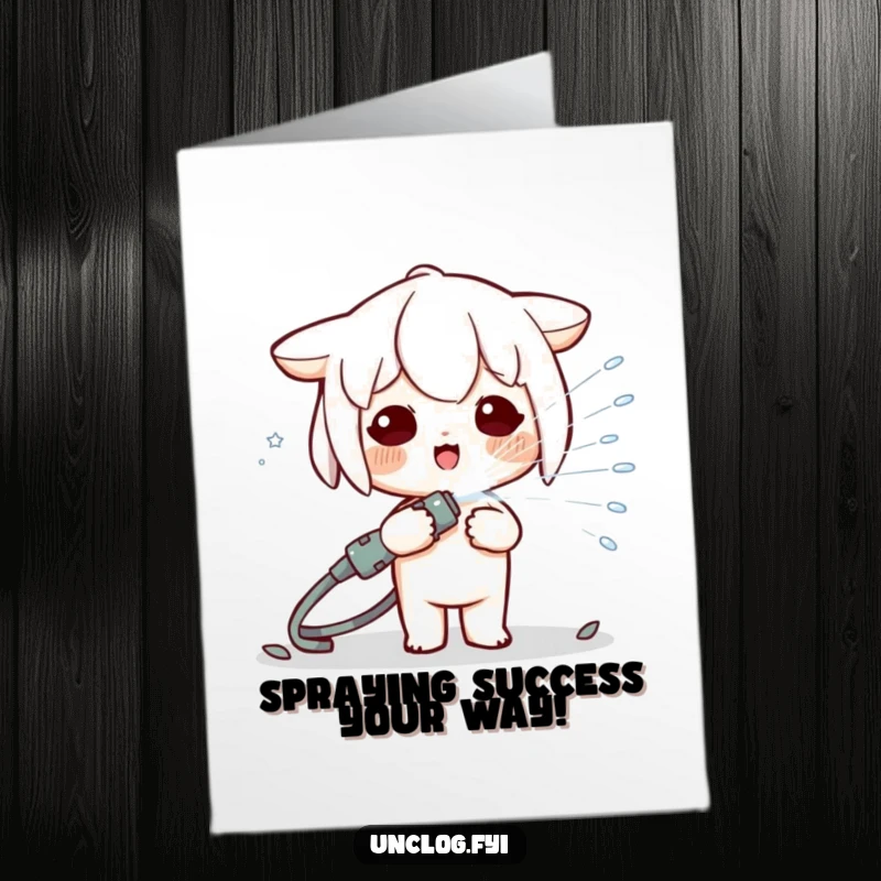 Funny free printable congratulations card showing a Kawaii character gleefully spraying a hose, celebrating a big achievement with delight.