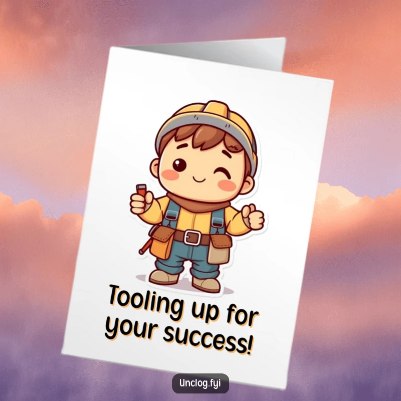 Funny Free Printable Kawaii Congratulations Card, a smiling character with a tool belt, celebrating new projects and achievements.