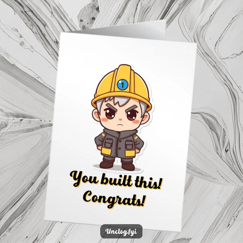 Funny Free Printable Congrats Card: Character in a hard hat looks with fierce determination, ready to conquer challenges. Downloadable.