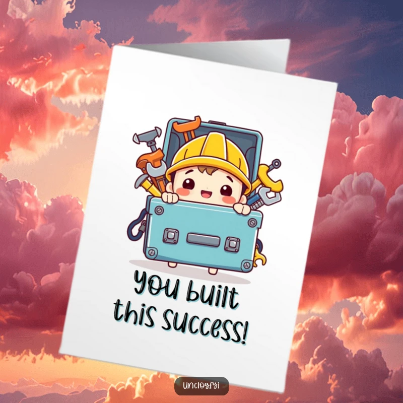 Free Printable Congratulations Card: A happy character with a toolbox overflowing with shiny tools, celebrating hard-earned success and new beginnings.