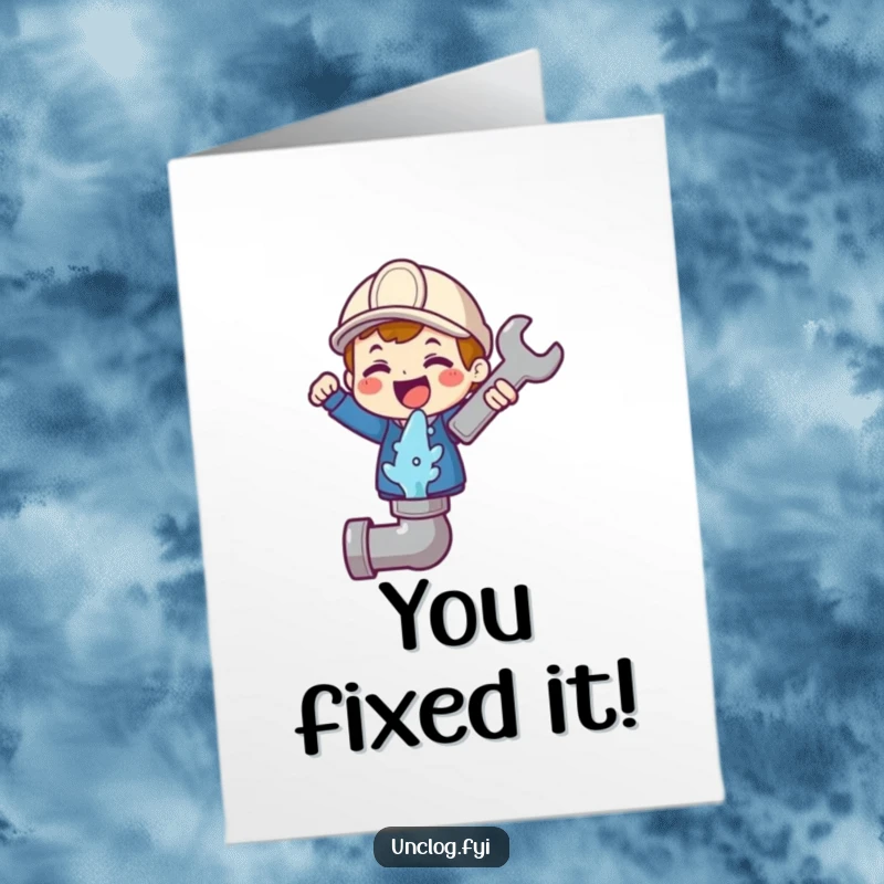 Funny Free Printable Congrats Card: Character gleefully holding a wrench above a gushing pipe icon, celebrating a fix.