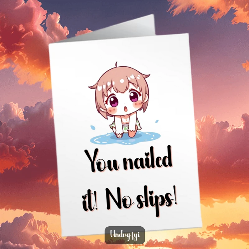 Funny Free Printable Congratulations Card: Character comically slipping on a puddle, surprise expression, a great downloadable greeting.