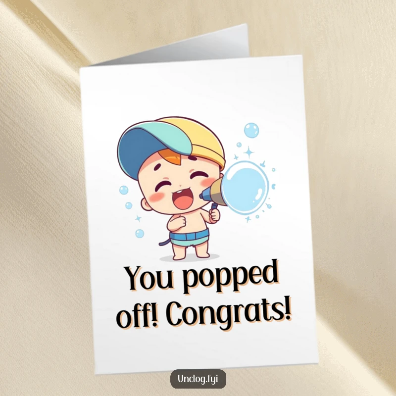 Free Printable Congratulations Card: Character enthusiastically spraying bubbles from a nozzle, celebrating a win, a downloadable greeting.