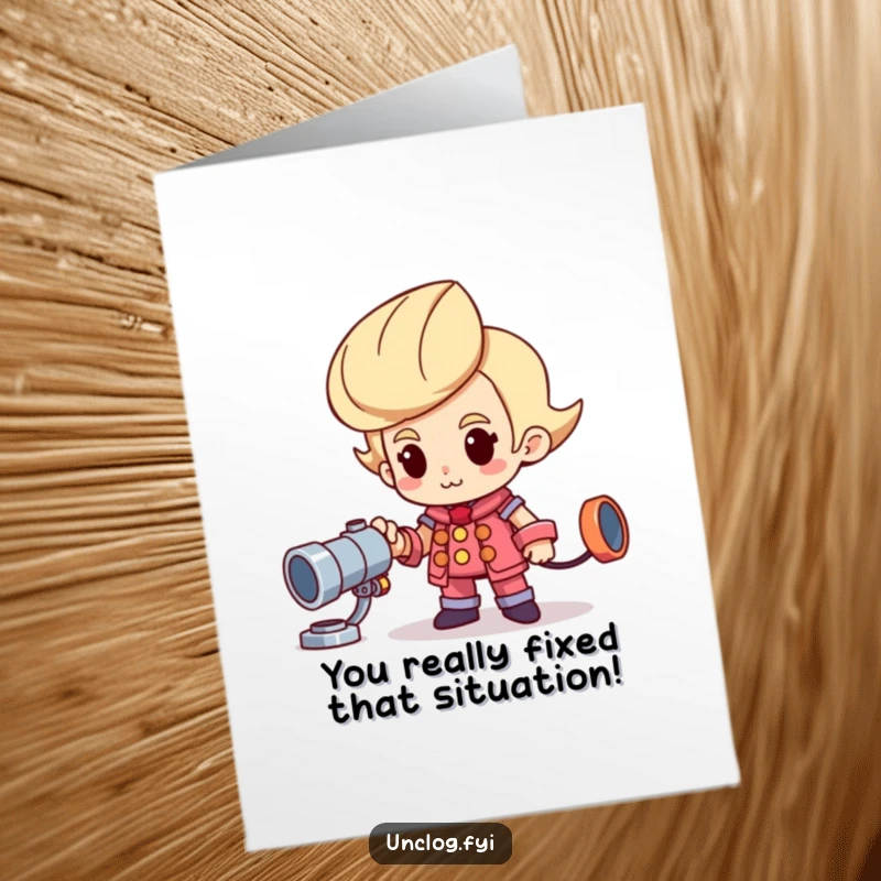 Funny Free Printable Congratulations Card: Ecstatic character beams proudly next to a shiny new pipe, celebrating success.