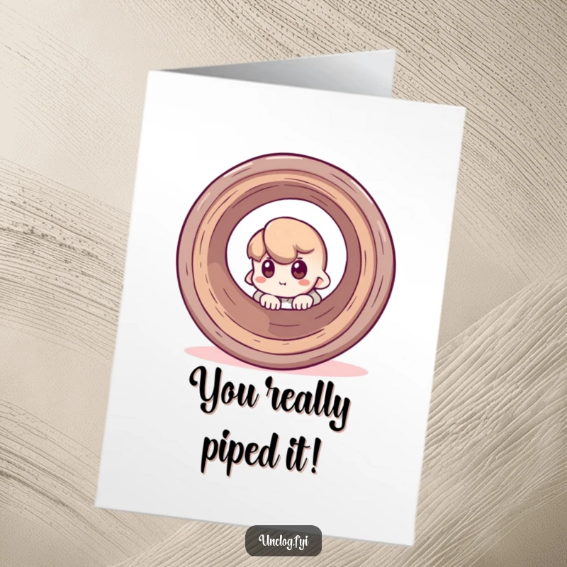 Funny Free Printable Congratulations Card: Character peeking curiously around a pipe, conveying surprise and delight for their achievement.