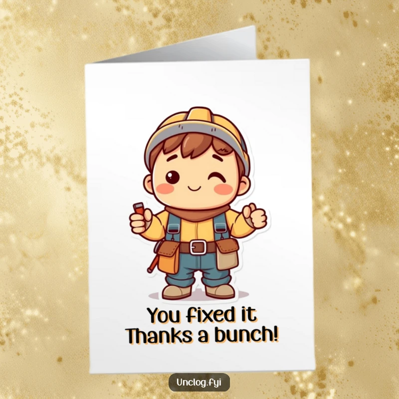 Funny Free Printable Kawaii Thank You Card, a cute character in a tool belt smiling, perfect for thanking helpful individuals.