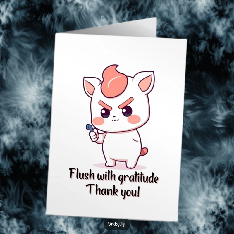 Funny Free Printable Kawaii Thank You Card, a determined cute character pushing a plunger, thanking problem solvers.