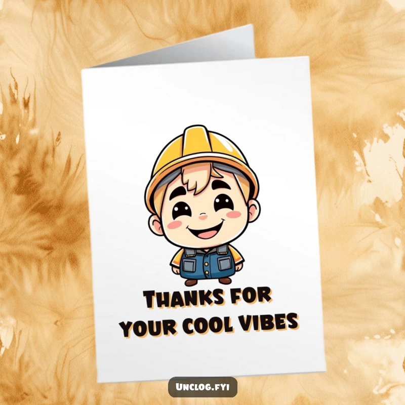 Free Printable Thank You Card: Character with a cheeky grin, wearing a hard hat backwards, a fun way to say thanks, downloadable.