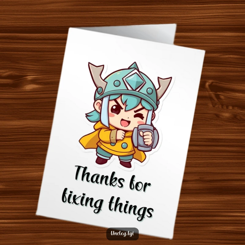 Funny Free Printable Thank You Card: Happy character determinedly tightening a bolt, conveying gratitude.