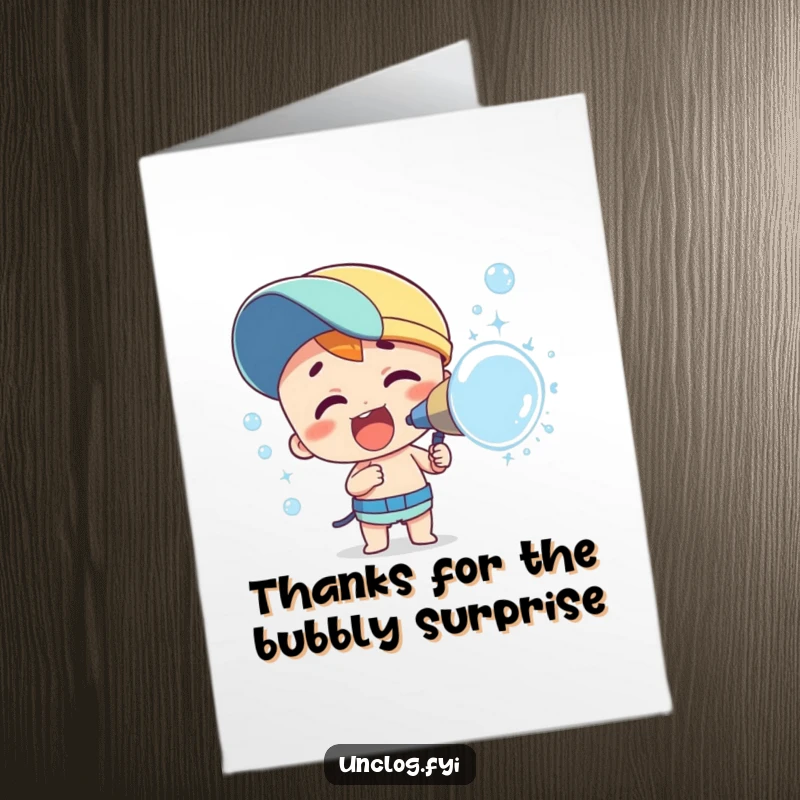 Free Printable Thank You Card: Character enthusiastically spraying bubbles from a nozzle, conveying thanks, a downloadable greeting.
