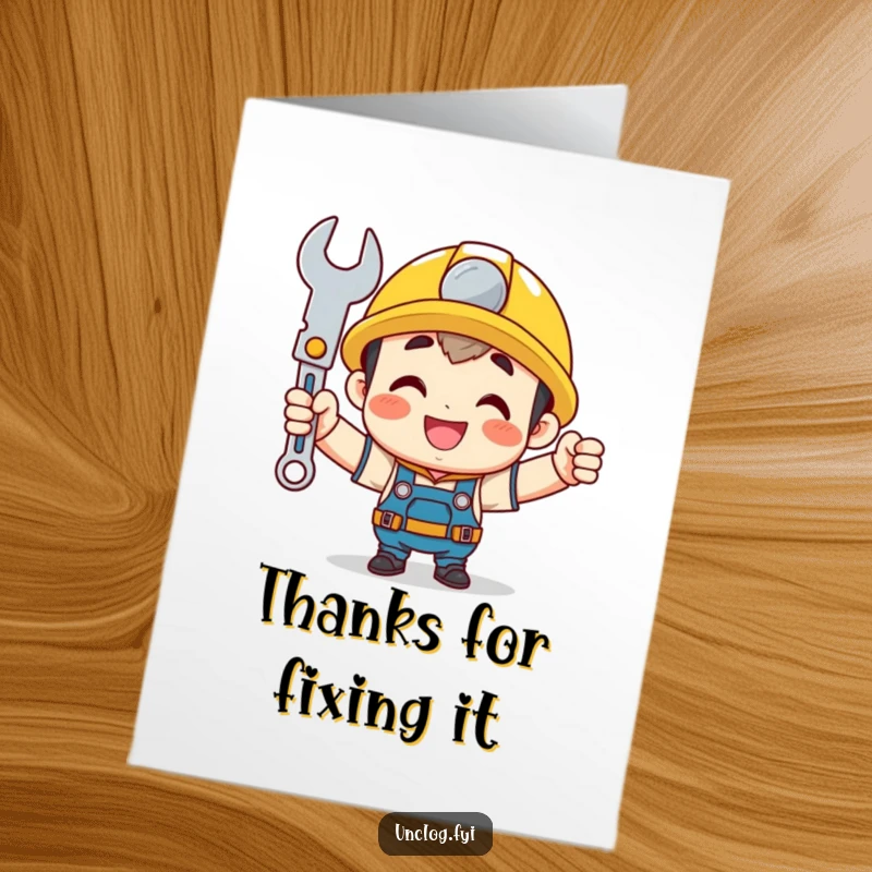 Funny Free Printable Thank You Card: Cute character proudly holding a shining wrench, ready to help or fix.
