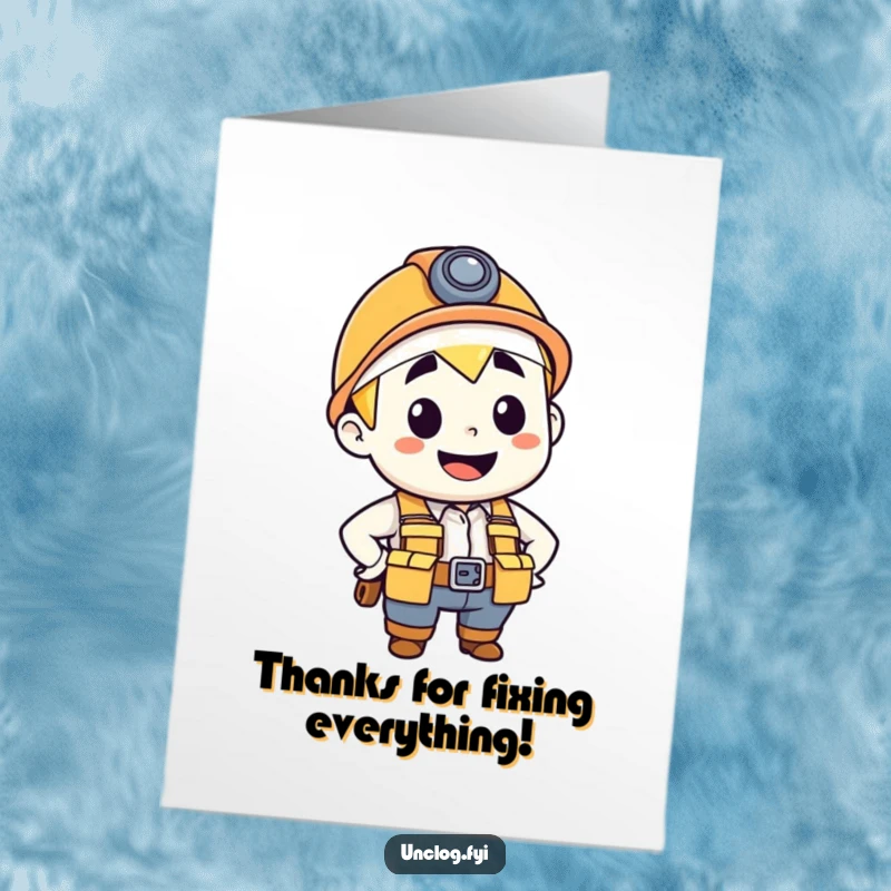 Funny Free Printable Thank You Card DIY: Happy plumber holding tools, gifting thanks, downloadable art.