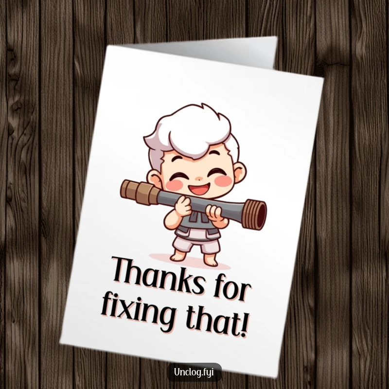 Funny Free Printable Thank You Card: Determined plumber character happily tightening a pipe, expressing heartfelt gratitude.