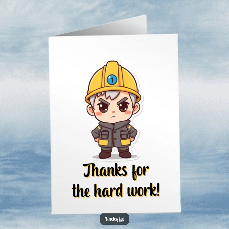 Funny Free Printable Thank You Card: Character wearing a hard hat, determined gaze, ready to tackle any task. Downloadable art.