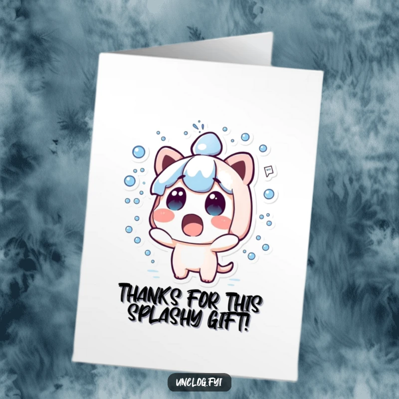 Funny free printable thank you card featuring a surprised kawaii character getting absolutely drenched in a water spray.