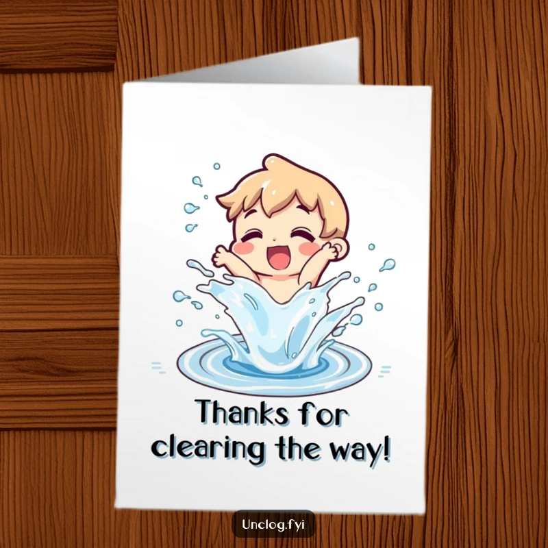 Funny Free Printable Thank You Card: Character playfully splashing water from an unclogged drain, saying thank you. Hilarious downloadable.