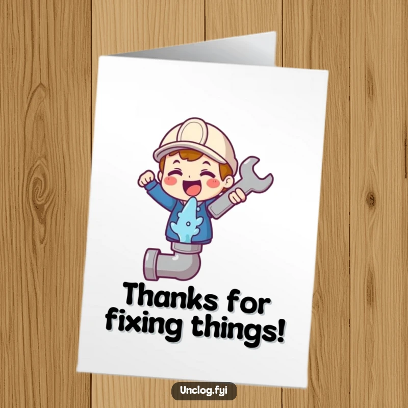 Funny Free Printable Thank You Card: Cute character gleefully holding a wrench above a gushing pipe, offering thanks.