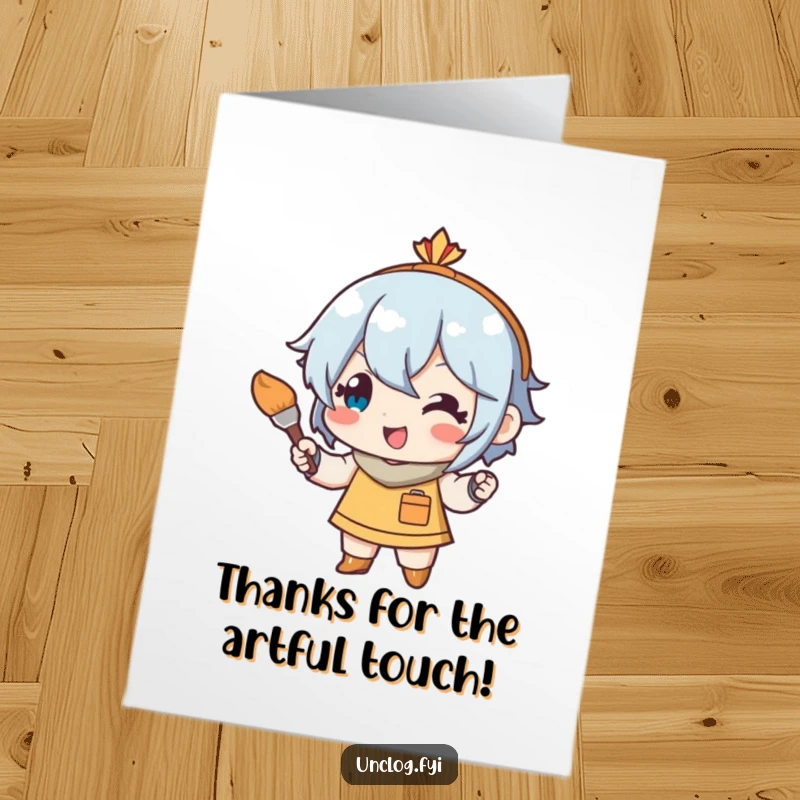 Funny free printable thank you card with a smiling character meticulously using a tiny paintbrush for perfect details. A unique gift.