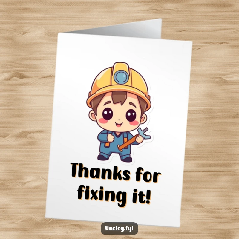Funny Free Printable Thank You Card: Character in a hard hat, beaming with pride over a successful repair, a funny thank you, downloadable art.