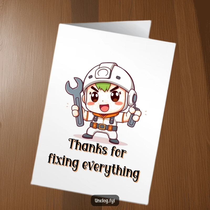 Funny Free Printable Thank You Card: A cute character with a wrench and a determined look offers a humorous thank you.