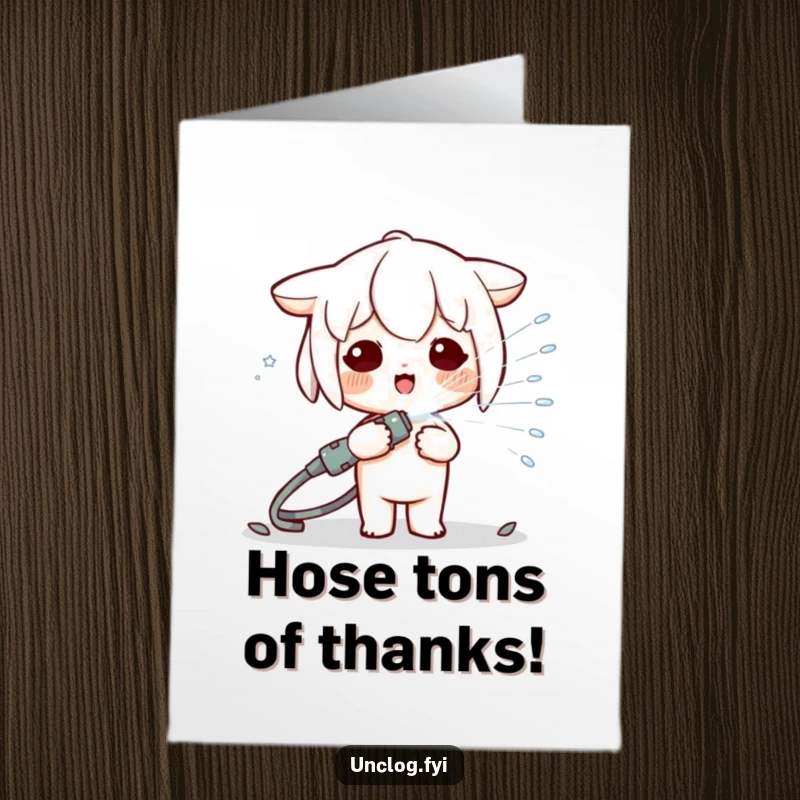 Funny free printable thank you card featuring a Kawaii character playfully spraying a hose, conveying thanks with a happy, energetic action.